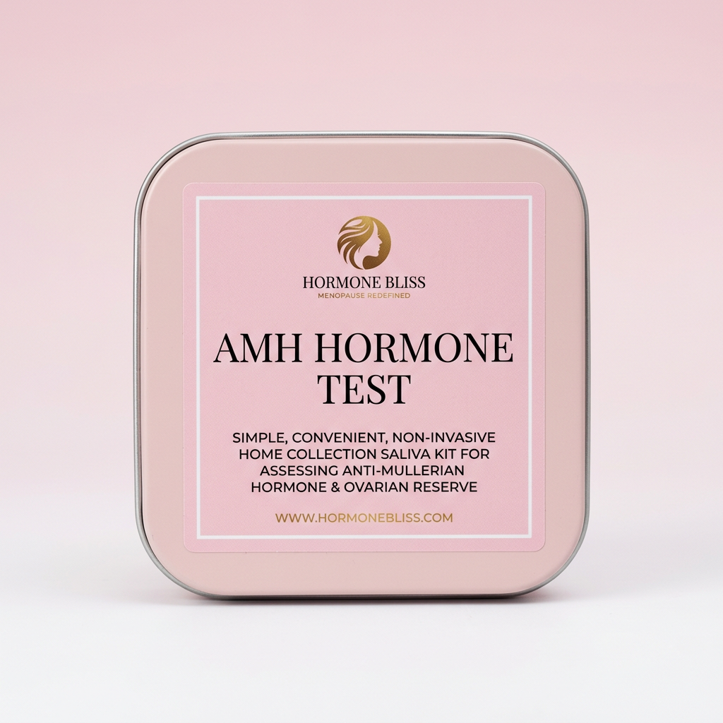 AMH Hormone Test kit by Hormone Bliss in a soft pink tin