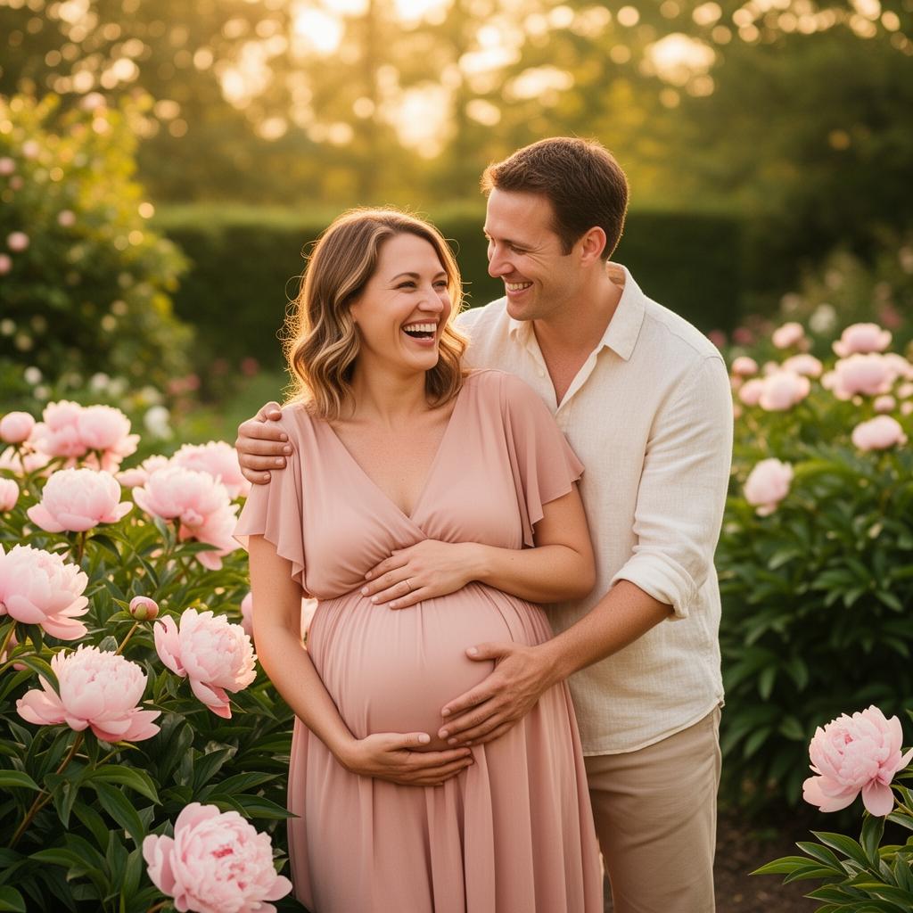 Joyful expectant mother and her partner laughing together in a peony garden