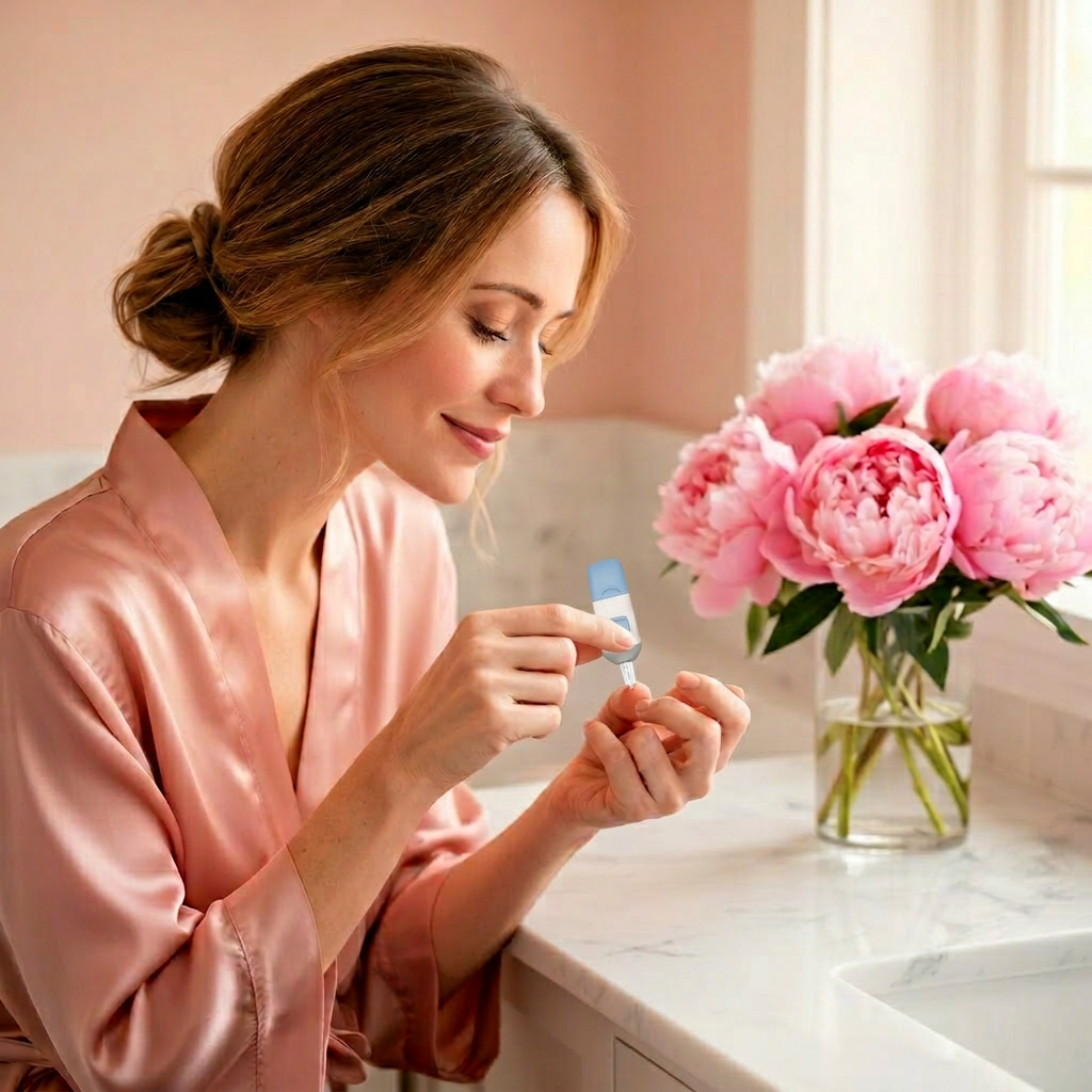 Woman performing an at-home AMH fingerstick test in soft natural light next to pink peonies